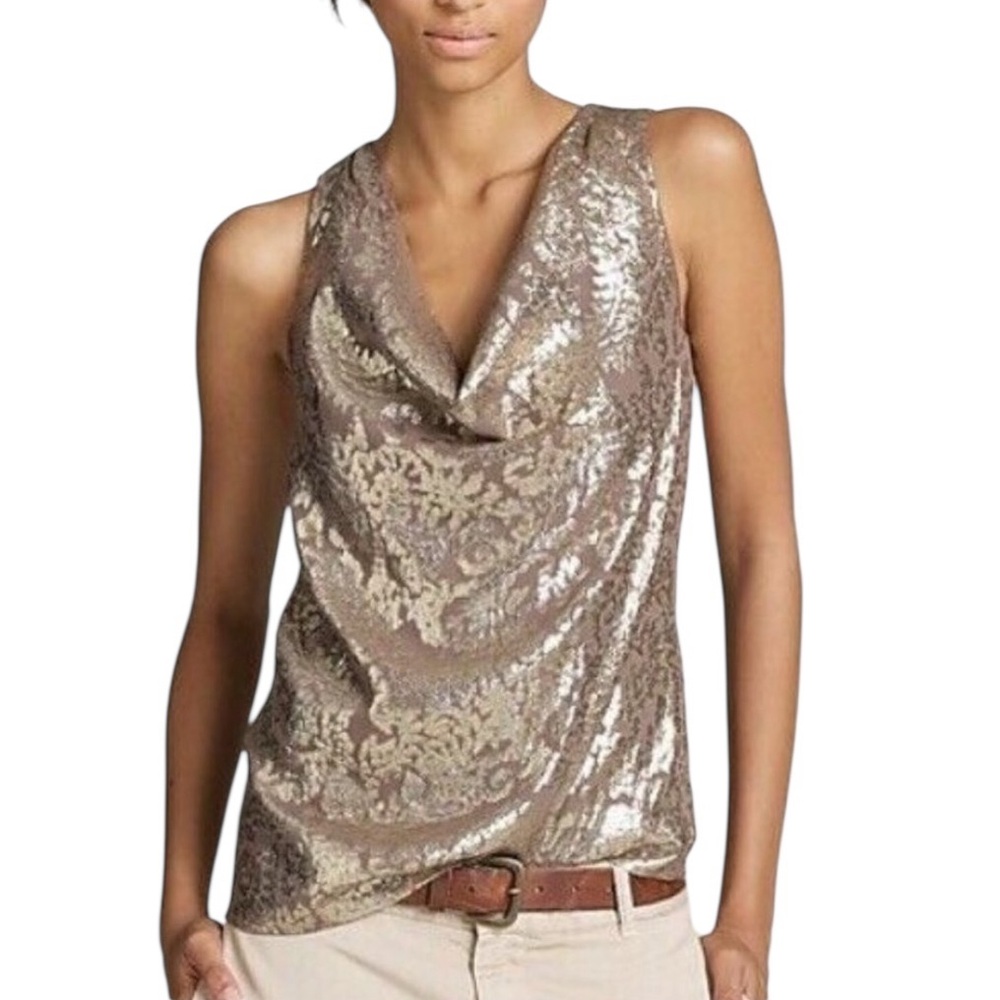 NWT J. Crew Silk Metallic Gold Jacquard Draped Cowl Neck Sleeveless Top - 12